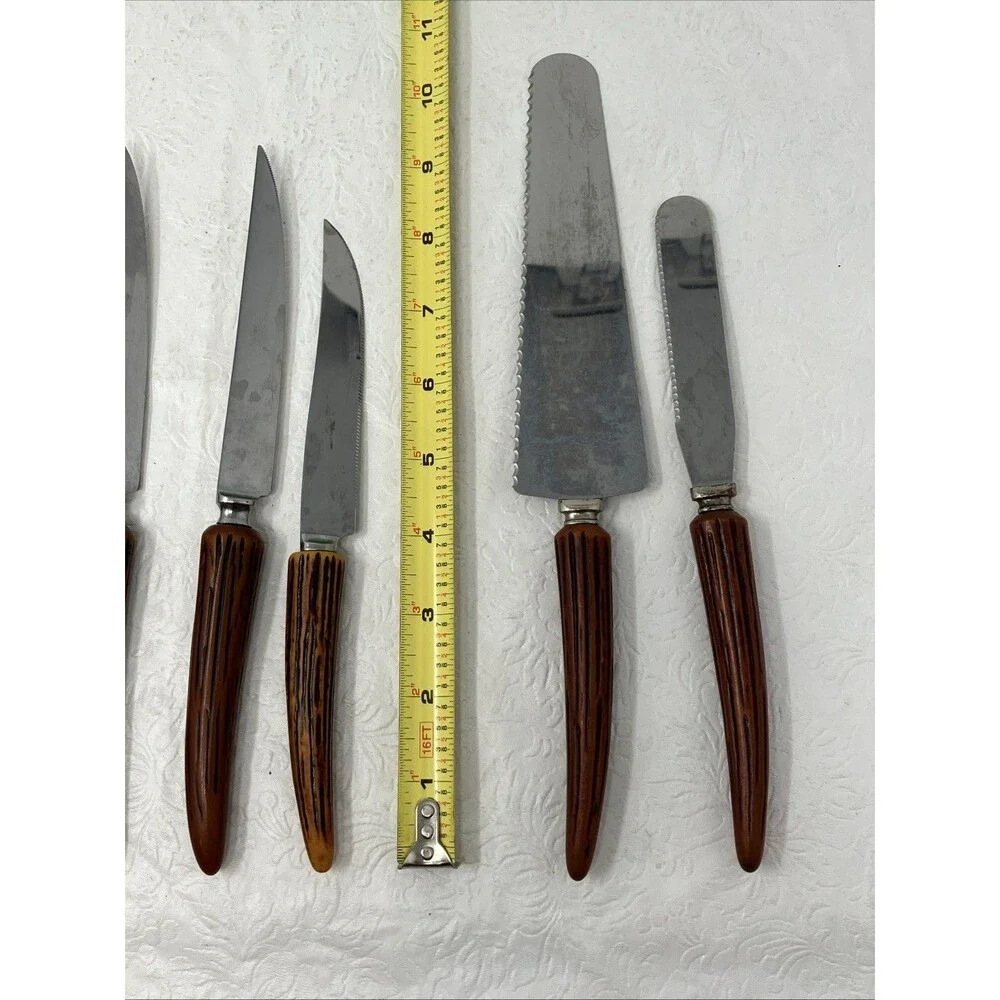 8 Stainless Steel Knives Faux Stag Horn Antler Handles England USA Steak & Cake